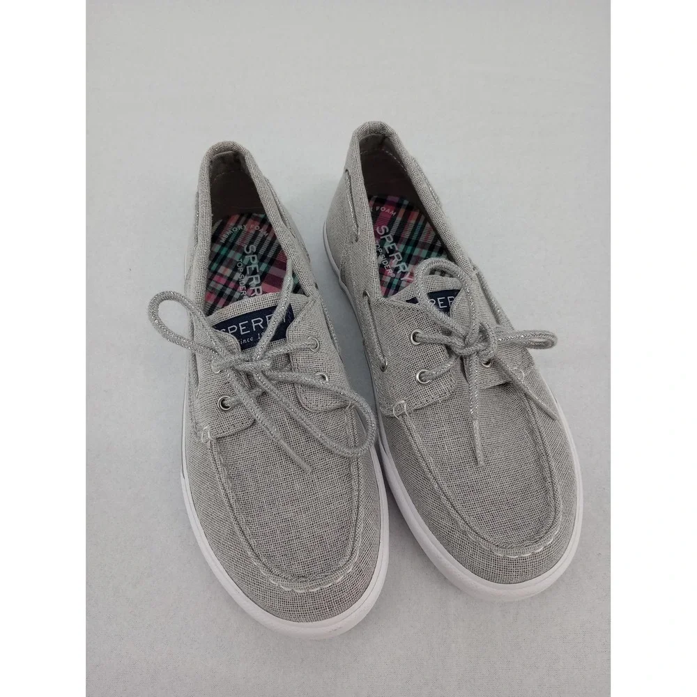 Sperry Boat Shoes Girls 3M Grey Silver Glitter Canvas Memory Foam
